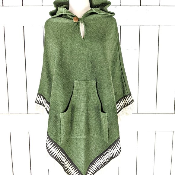 Dark green cotton tribal hooded tassel poncho